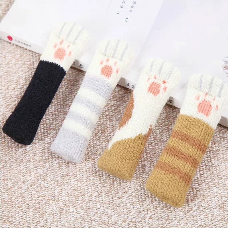 

4Pcs Cat Paw Table Foot Socks Chair Leg Covers Floor Protectors Non-Slip Knitting Socks for Furniture Cartoon Home Decor