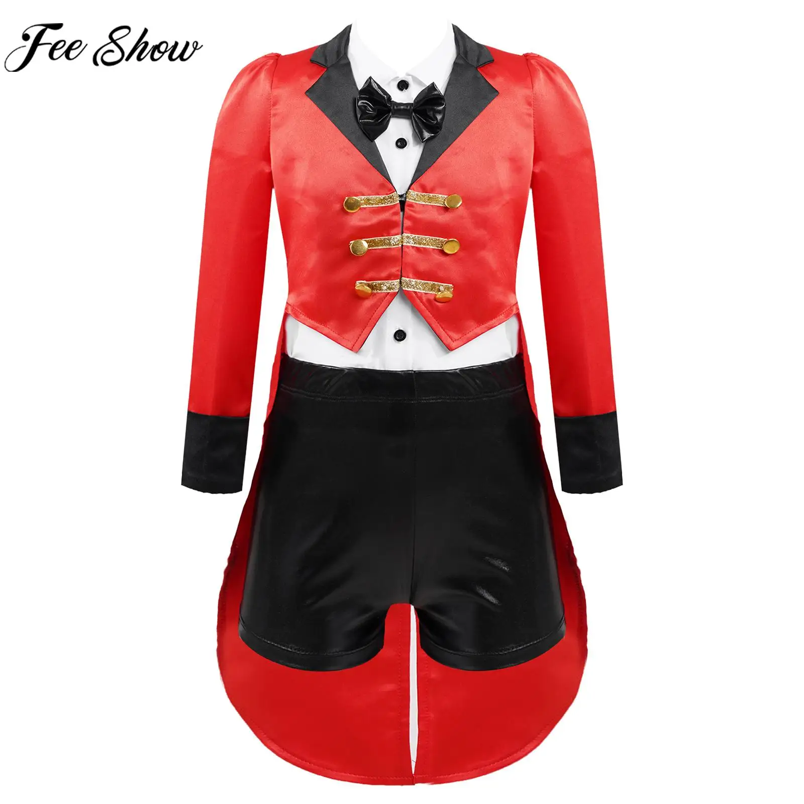 

Girls Halloween Circus Cosplay Outfits Long Sleeve Bow Shirt with Shorts And Tuxedo Dress Up Carnival Party Performance Clothing