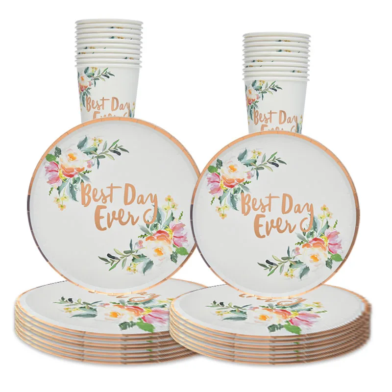 

10Guests Gold Plated Edge Disposable Tableware Best Day Ever Flower Plates Cups Girls Happy Birthday Party Supplies