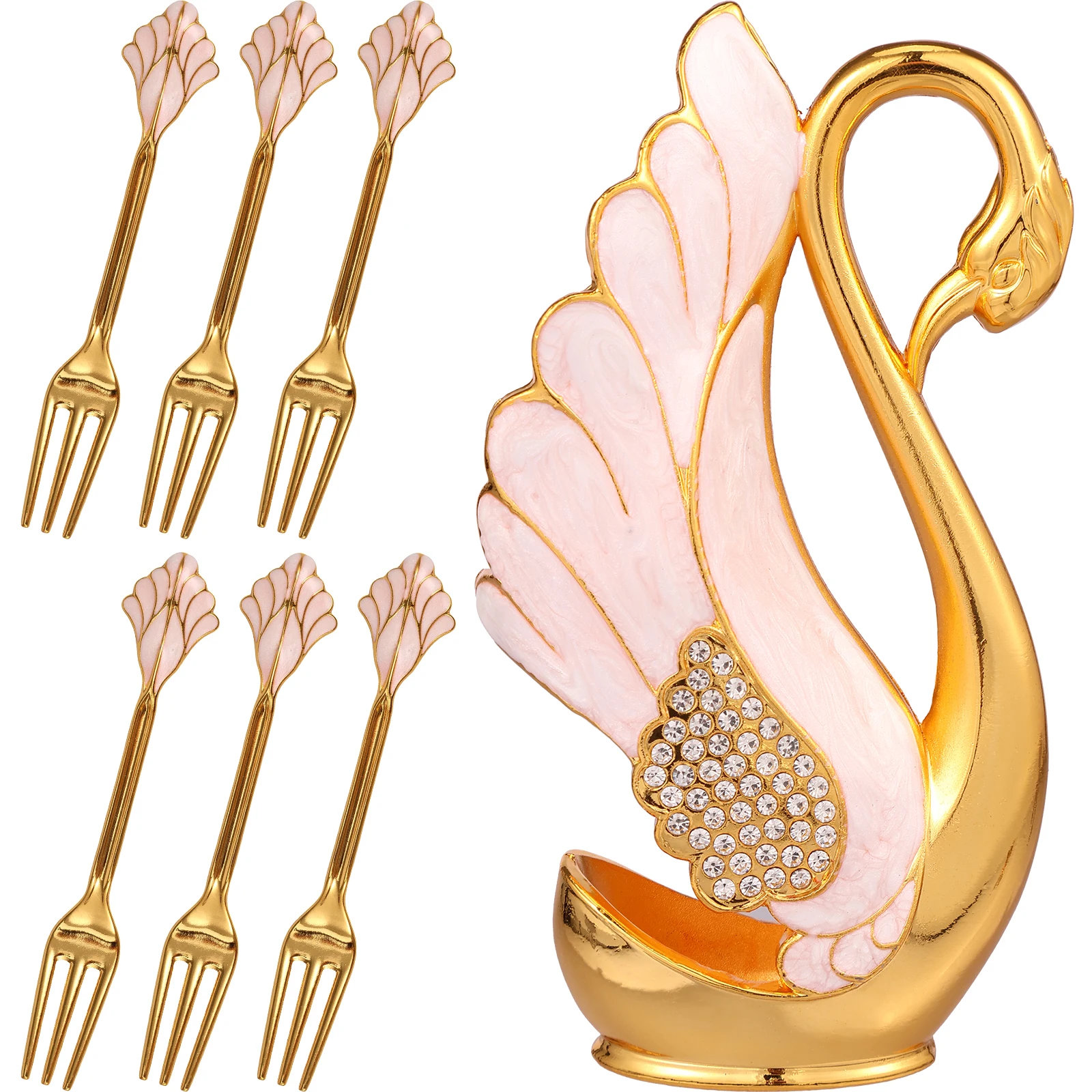 

6Pcs Dessert Forks Set with Swan Base Holder Creative Gold Swan Dessert Flatware Set Decorative Swan Dinnerware Set Zinc Alloy