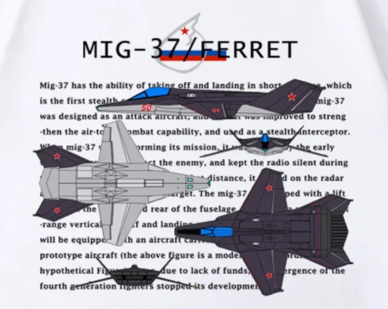 Русская футболка премиум-класса МиГ-37 «Ferret» Stealth Jet Fighter. Высококачественная хлопковая мужская футболка с коротким рукавом и круглым вырезом, новинка S-3XL (art.: 3920cc59425fc) - 3920cc59425fc