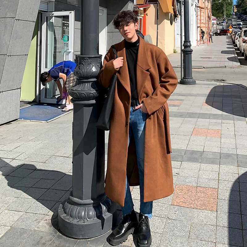 

Шерстяная зимняя утепленная мужская корейская модная красивая одежда средней длины с поясом качественное пальто Новинка 2Y5822
