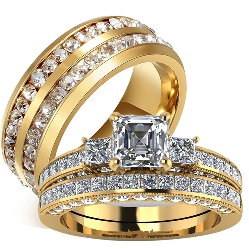 

Carofeez 2023 Luxury Zircon Crystal Couple Rings for Lover's Valentine's Day Gift Fashion Gold Color Engagement Wedding Band