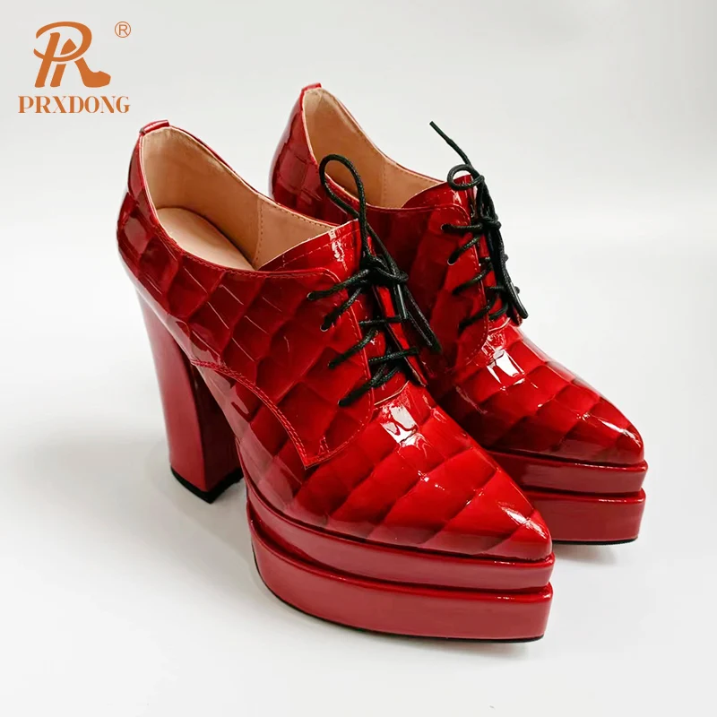 

Женские туфли-лодочки из натуральной кожи PRXDONG, черные вечерние туфли-лодочки из натуральной кожи на толстом высоком каблуке и платформе с о...