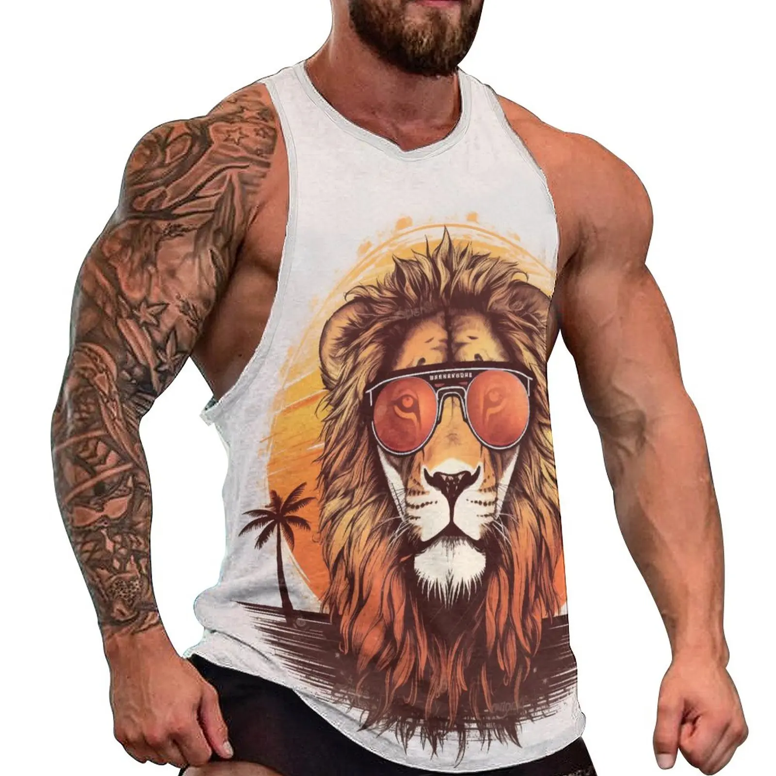 

Lion Tank Top Man Retro Animals With Sunglasses Bodybuilding Oversized Tops Summer Muscle Graphic Sleeveless Vests