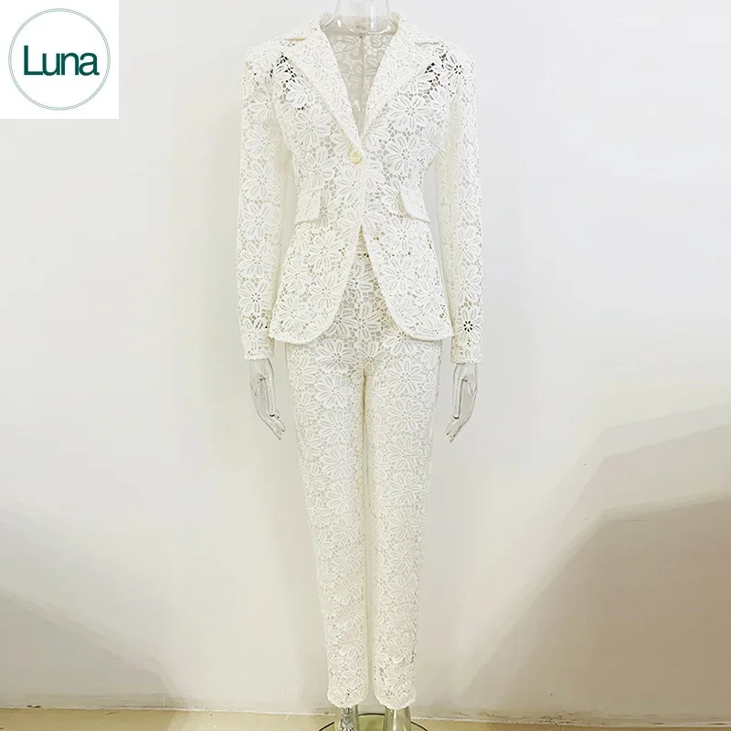 

Spot 2023 Новинка Европейская и американская звезда модный тонкий водорастворимый Кружевной Костюм брюки костюм из двух частей