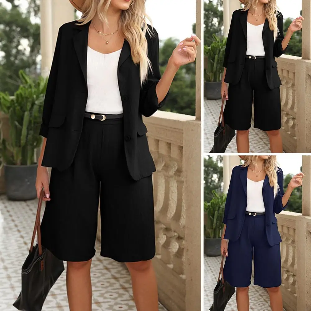 2 Pcs/Set Women Business Outfit Loose Wide Leg Cardigan Double Buttons Office Turn-down Collar High Waist Lady Coat Shorts Set