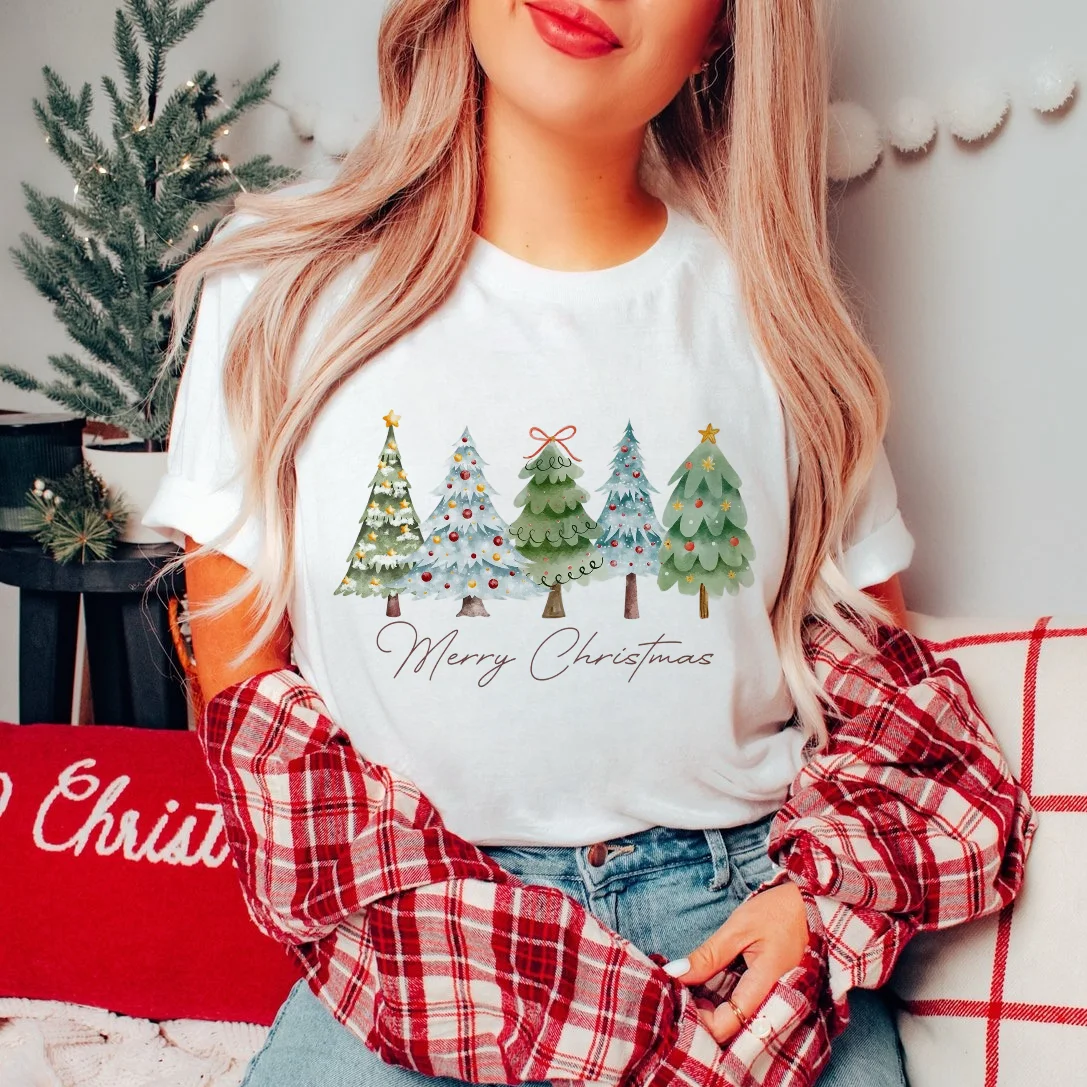 Printed Pattern Watercolor T-Shirt Polyester White Short Sleeved Women's Top Christmas Tree Fashionable Casual Cartoon Clothing