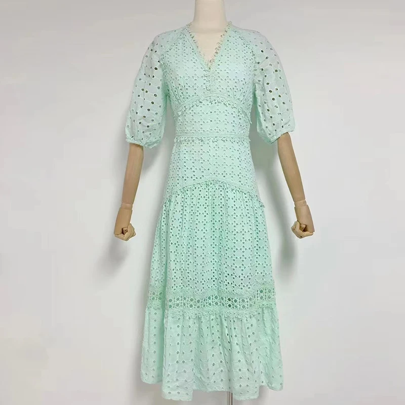 Women Elegant Embroidery Summer Dress Maxi Half Sleeve Cutout High Waist Slim Fit Casual Long Dress
