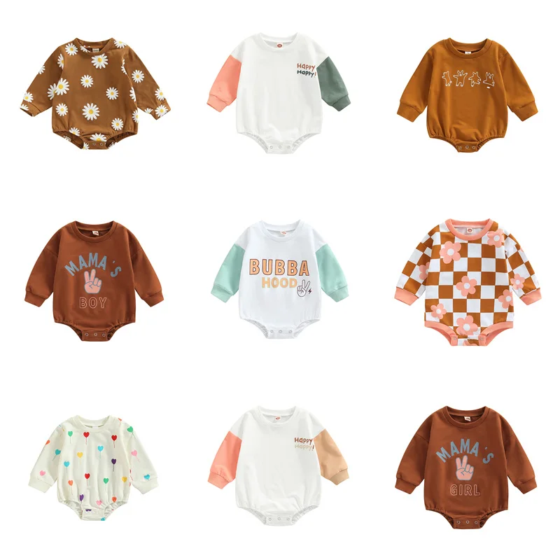 Newborn Baby Boys Girls Crewneck Sweatshirts Romper Clothing Letter Floral Print Long Sleeve Patchwork Jumpsuits Autumn Clothes