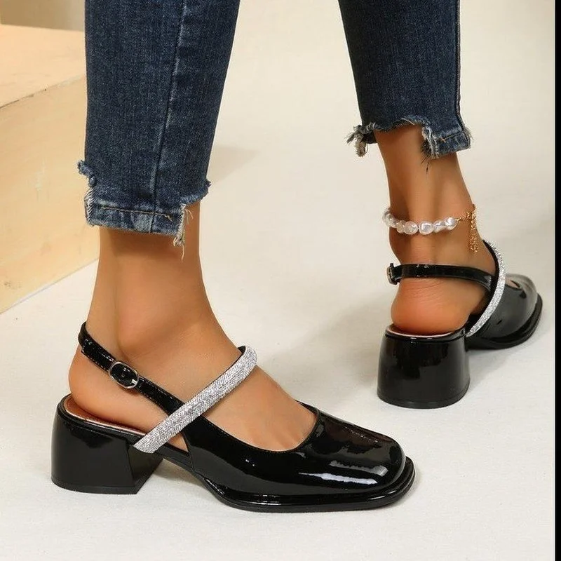 

Women's Sandals Thick Heel Square Toe Classic Female Mary Jane Shoes 2022 New Design Elegant Shallow Single Shoes Patent Leather