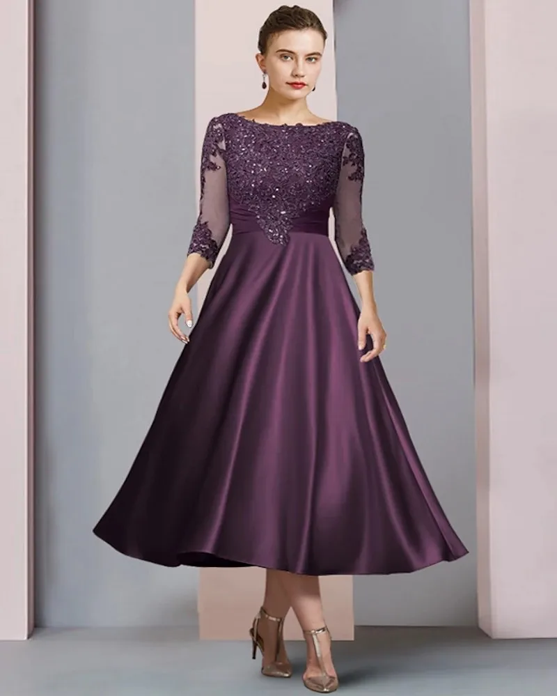 

Grape A-Line Short Mother of the Bride Groom Dresses 2023 ScoopTea Length Satin Lace Half Sleeve Wedding Party Gowns Plus Size