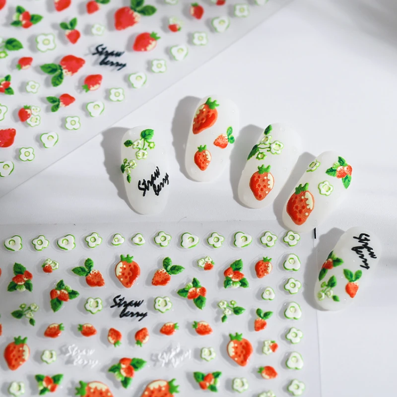 

Наклейки для ногтей 3D с изображением клубники и белых цветов