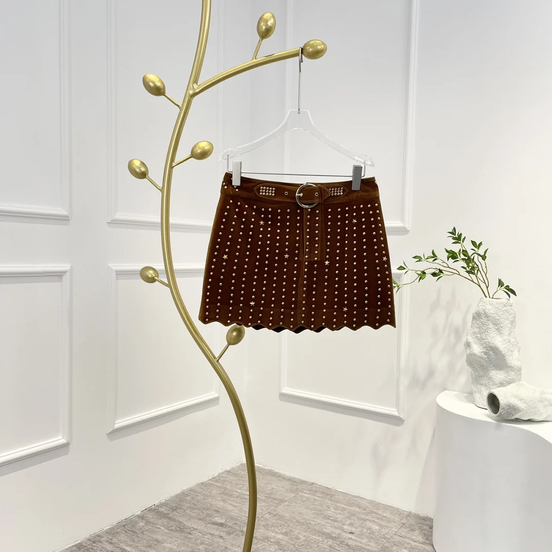 

Женская Бархатная мини-юбка с заклепками, черная или цвета хаки, Осень-зима 2022