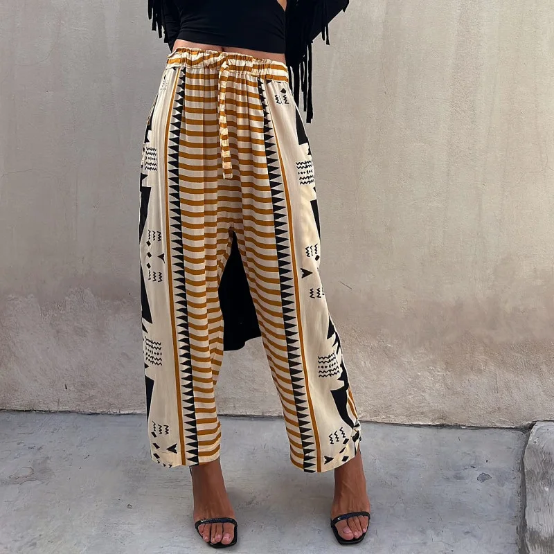 Summer Casual High Waist Straight Trousers Women Geometry Print Elastic Waist Pants Fashion Harajuku Loose Drawstring Long Pants