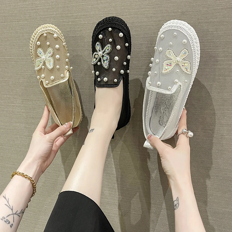 

Women's Breathable Flat Shoes Spring/Summer2022Pearl Rhinestone Flats Soft Breathable Sneakers Bow Casual Shoes Zapatos De Mujer