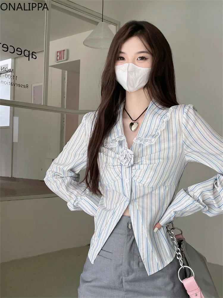 Женская полосатая блузка Onalippa кружевная Лоскутная рубашка с воротником Питер