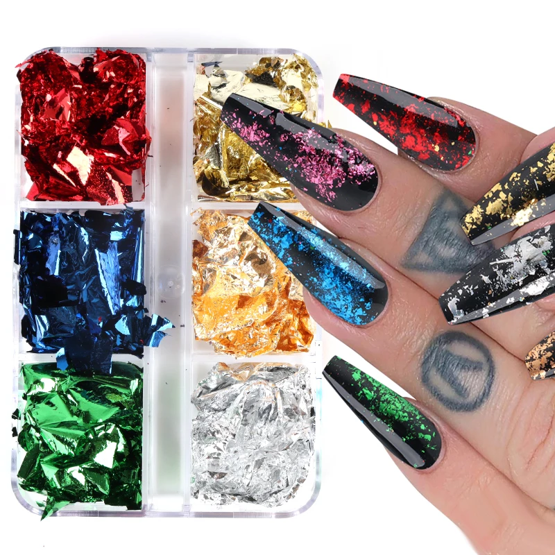 6 ячеек подвески для ногтей золотая серебряная фольга хлопья - Цена: 115.13