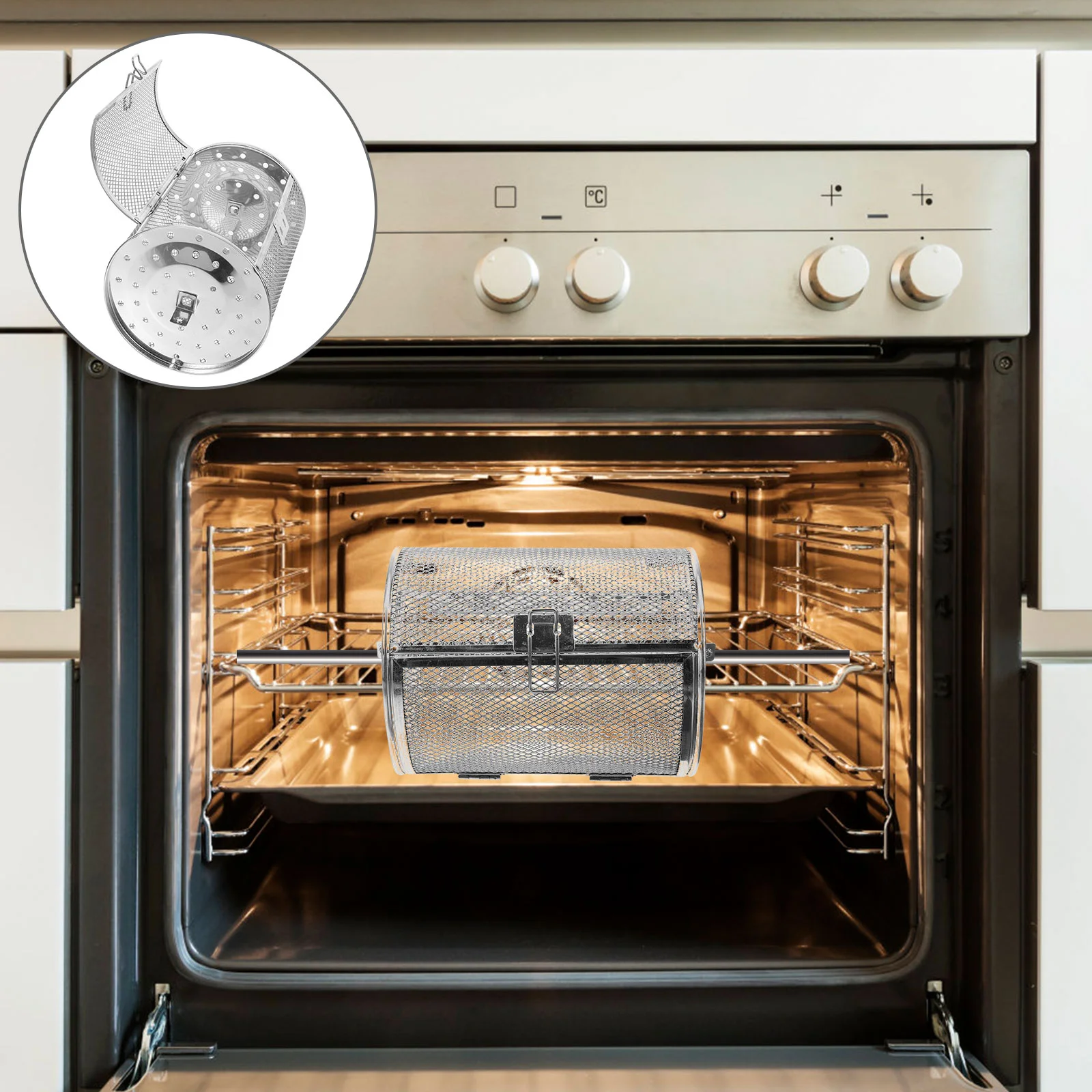 

Stainless Steel Rotating Grill Basket Peanut Beans Chips Basket Grill Rotisserie Oven Cage Basket