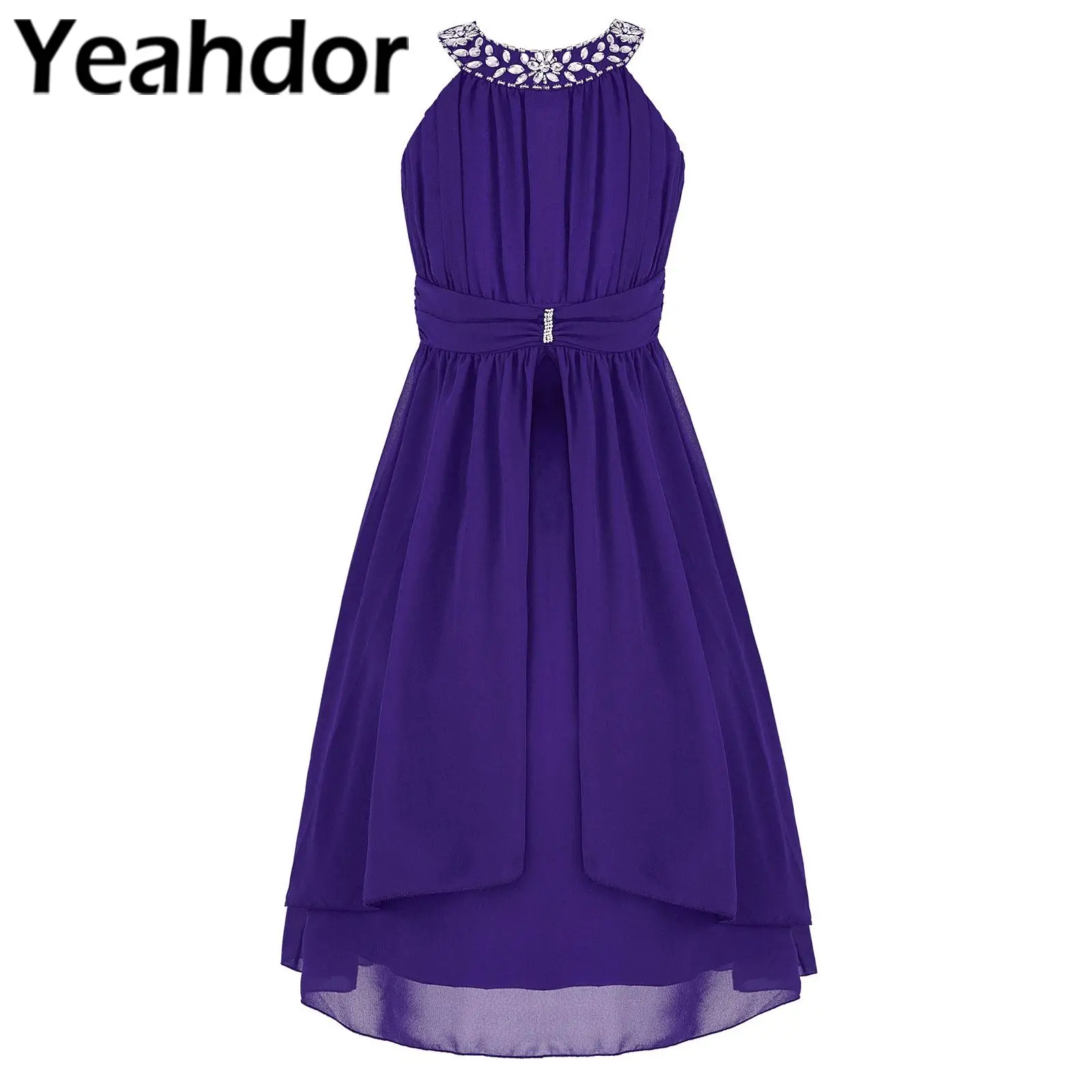 

4-14Y Kids Dress Rhinestone Pleated Chiffon Flower Girl Wedding Dresses Birthday Party Formal Gown Summer Princess Girls Dress