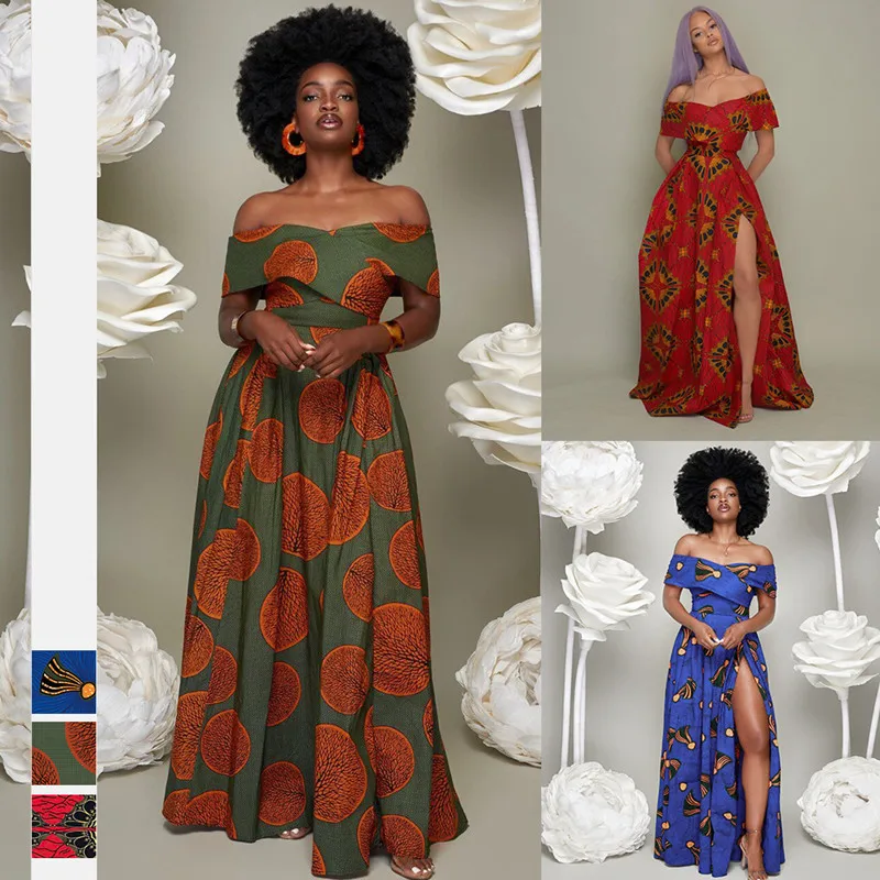

Women's One-Line Neck Sexy Printed Long Skirt Middle East African Summer Hot Sale Side Slit Dress