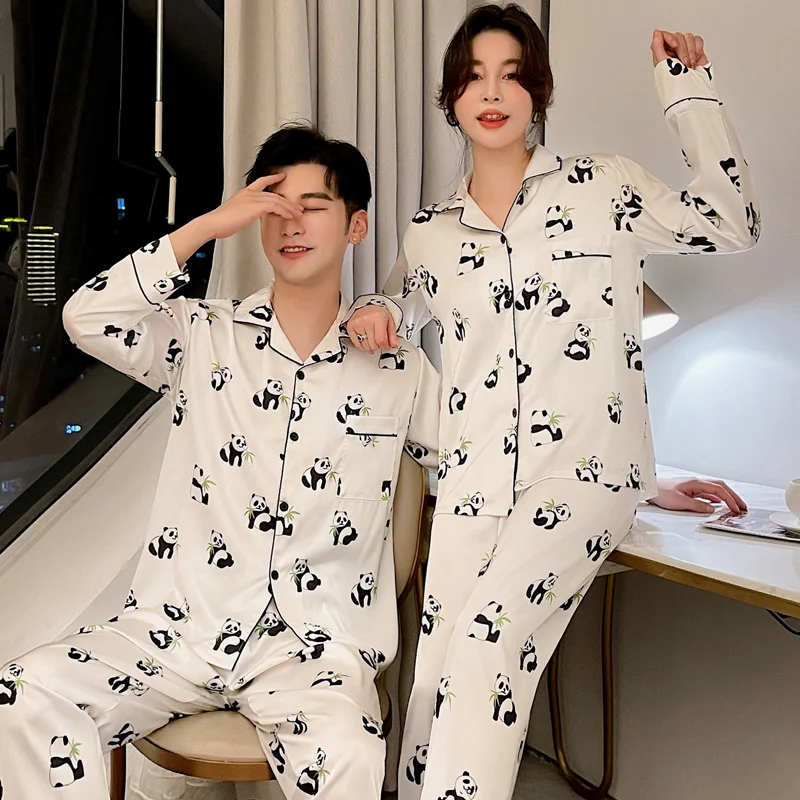 2022 Spring and Autumn New Couple Men and Women Pajamas Ice Silk Korean Version Cardigan Lapel Ice Silk Home Service Suit
