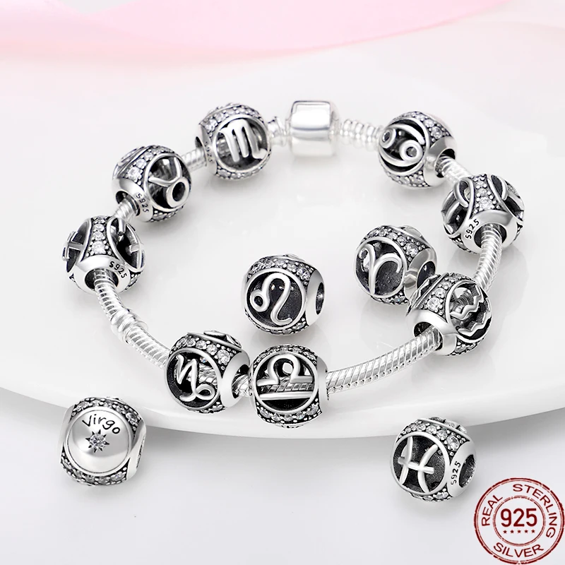 

plata charms of ley 925 Silver Birthday Twelve Constellation Charm Beads Fit Original Pandora Charm Bracelet Diy Women Jewelry