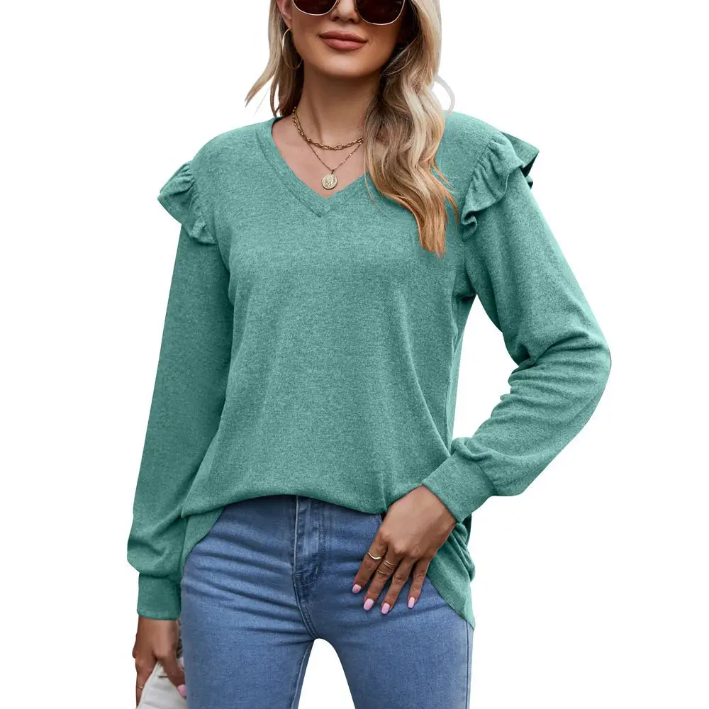 

Autumn New Arrival Women's Pure Color Loose Casual Flutter Sleeve V-neck Long-sleeved T-shirt Sweet and Fresh Women's Top