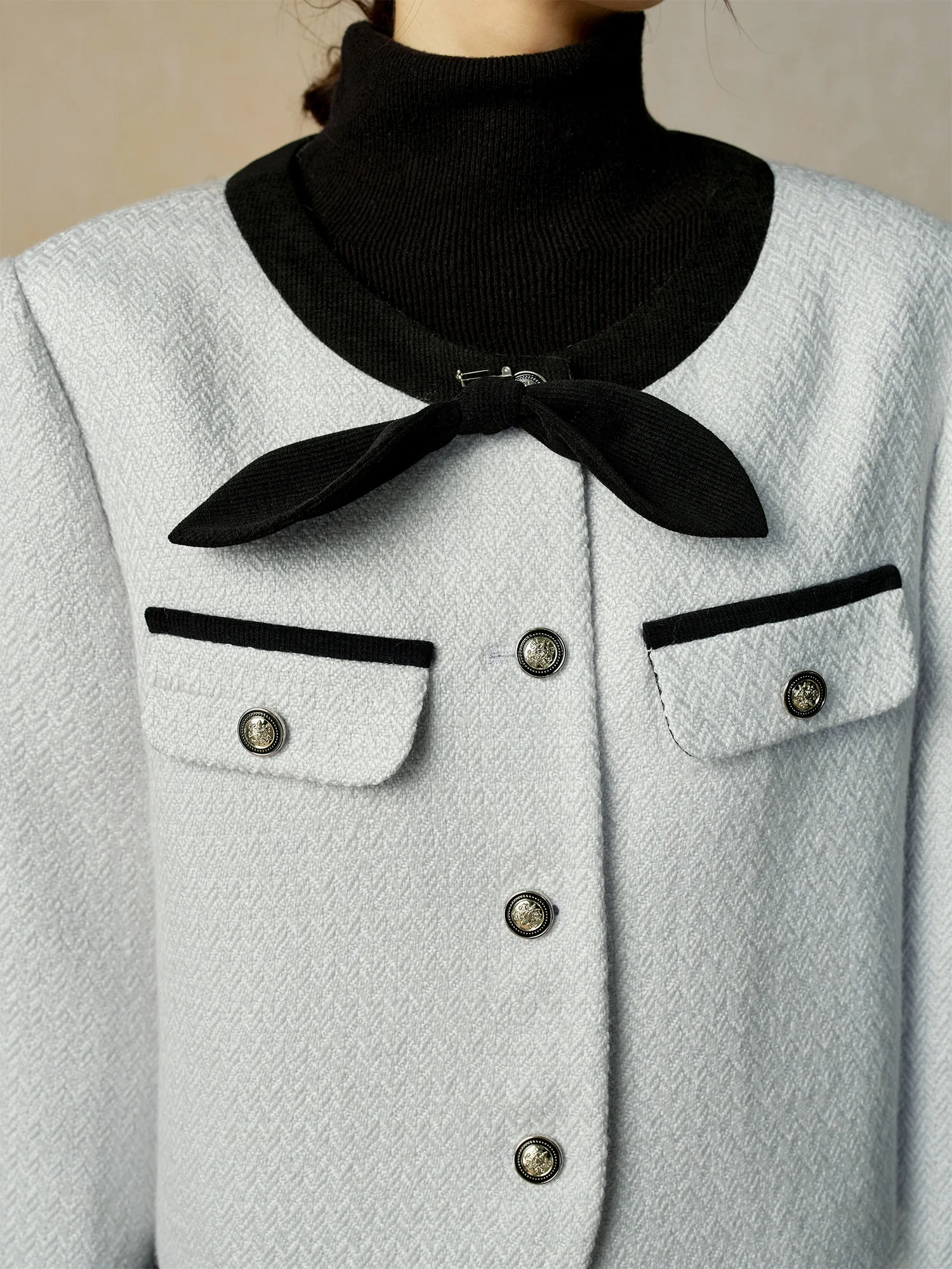 DUSHU Женская синяя твидовая куртка Нежный стиль Короткое пальто с круглым вырезом