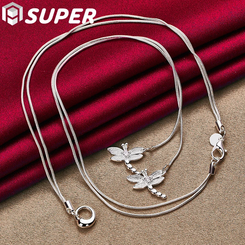 

925 Sterling Silver Two Dragonfly inlay AAA Zircon Pendant Necklace Snake Chain For Woman Wedding Engagement Jewelry