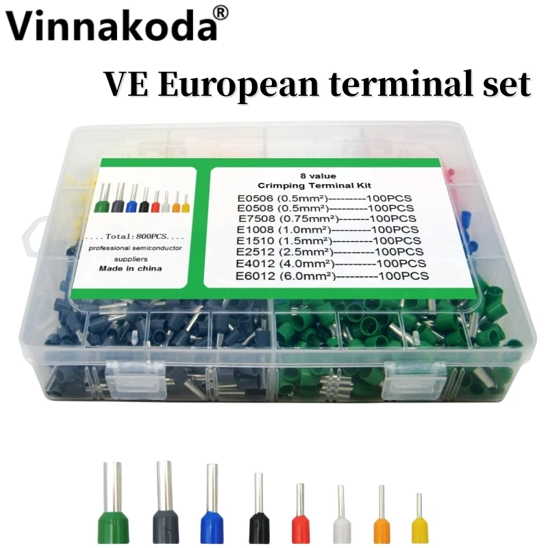 

800PCS European copper nose tube type pre-insulated needle terminal connector 8 specifications 100PCS each