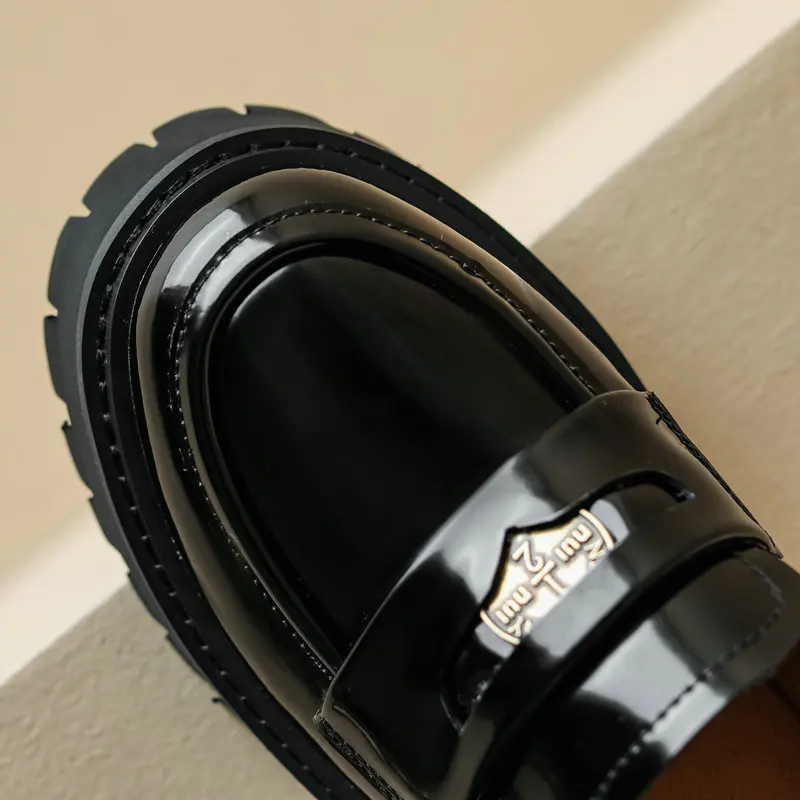 Loafer Shoes Women Platform Pumps Genuine Leather Thickened Flats Office Lady Comfy Soft Classic Black White 4cm Med Heels