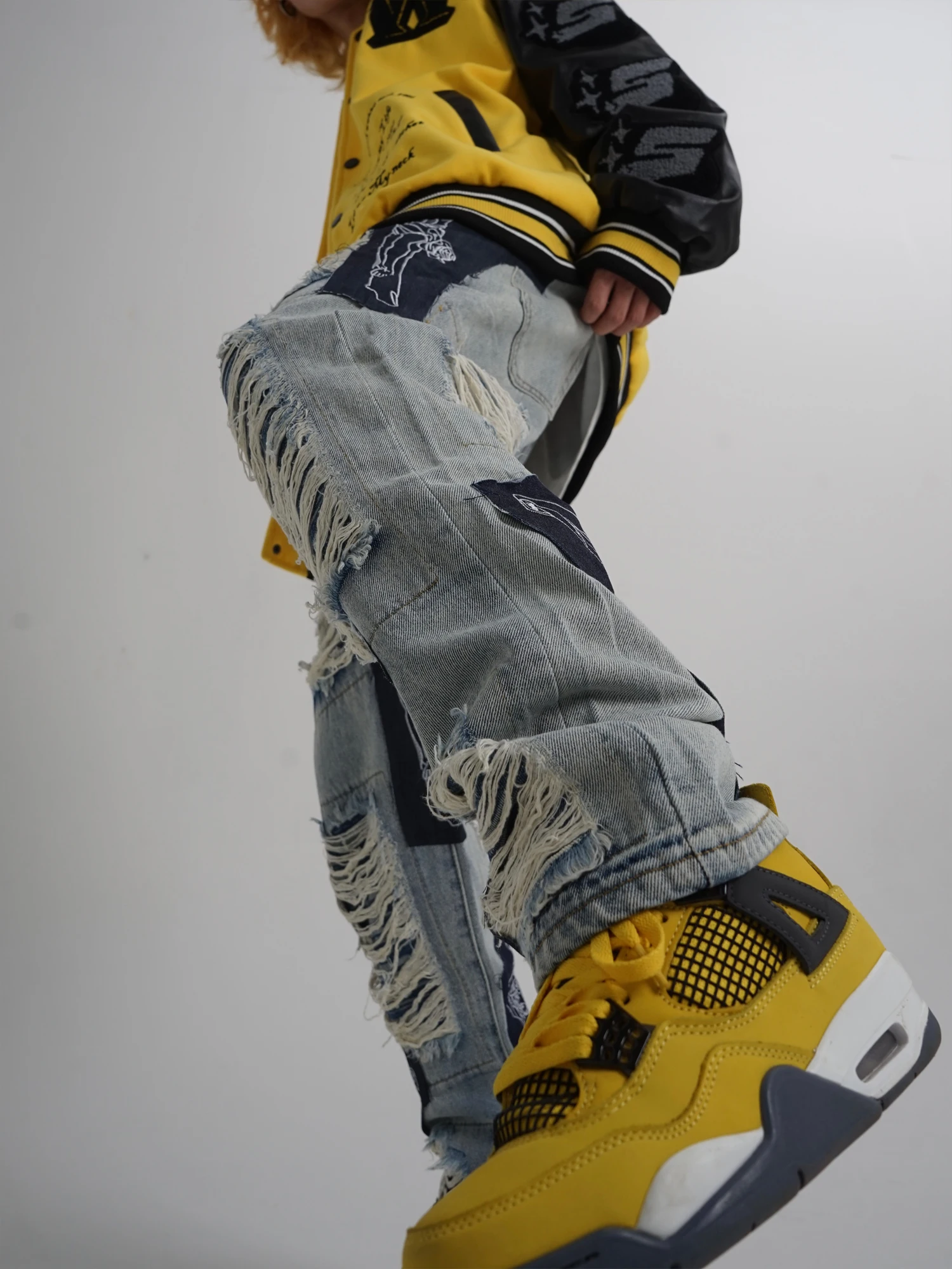 Jeans Men's Ripped Tassel Jeans Men's Jesus Cross Embroidery High Street Pants Tassel Shabby Retro Denim Trousers Loose Harajuku