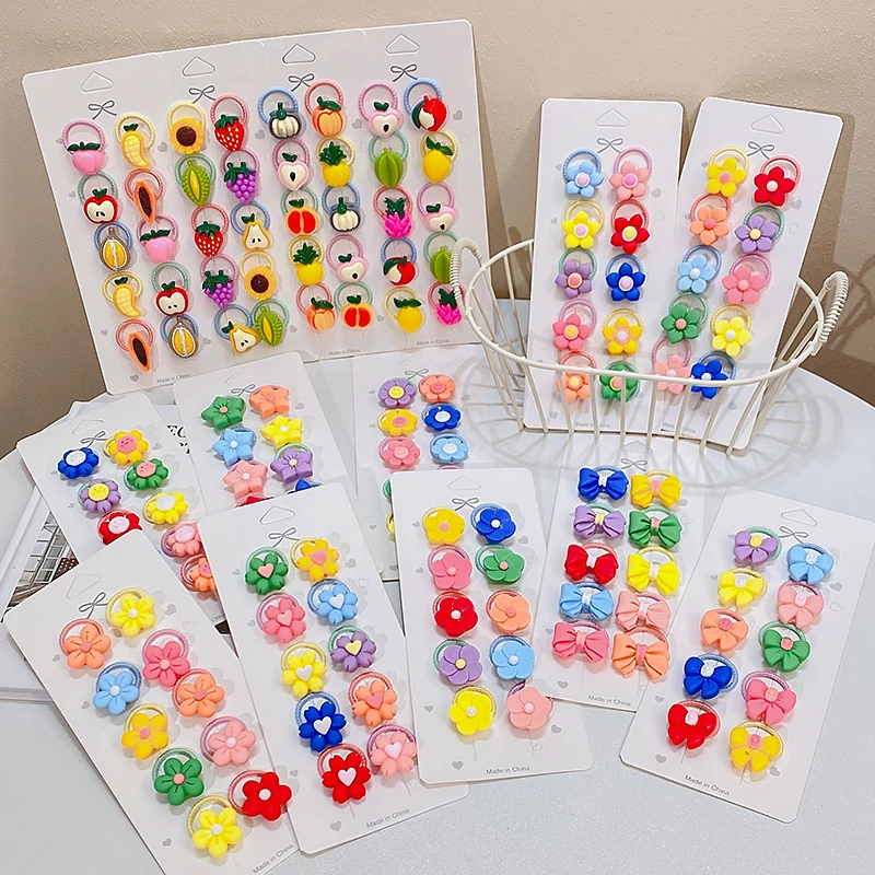 

10Pcs/Set Girls Cute Colorful Cartoon Flowers Fruit Small Elastic Hair Bands Children Sweet Rubber Bands Kids Hair Accessories