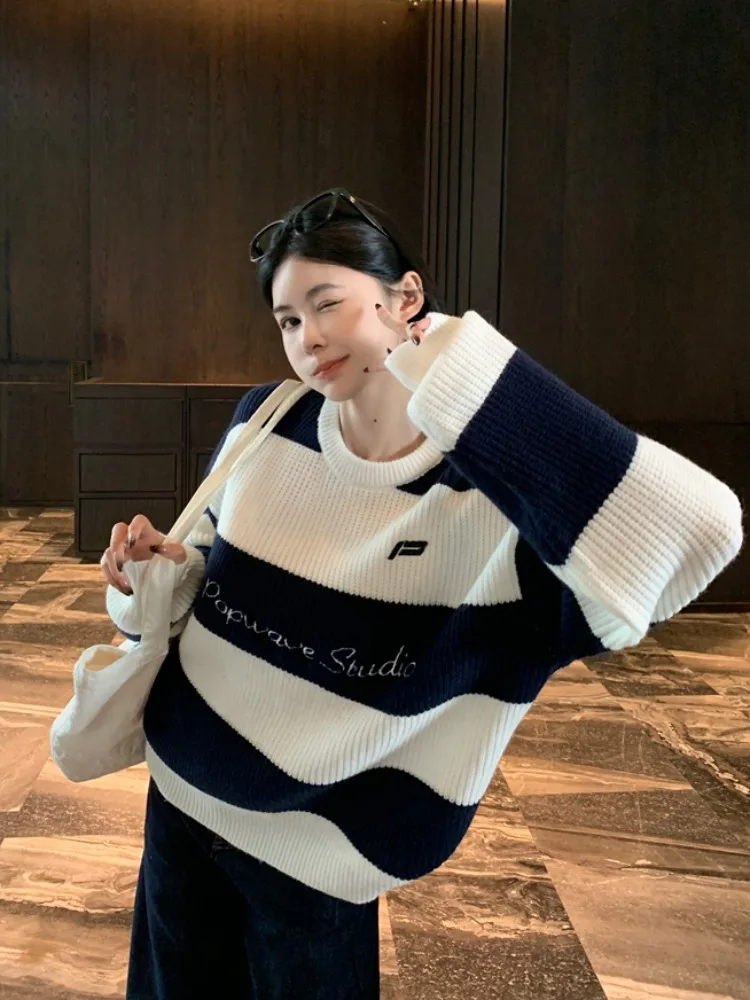 Американский винтажный полосатый свитер контрастного цвета с вышивкой буквами