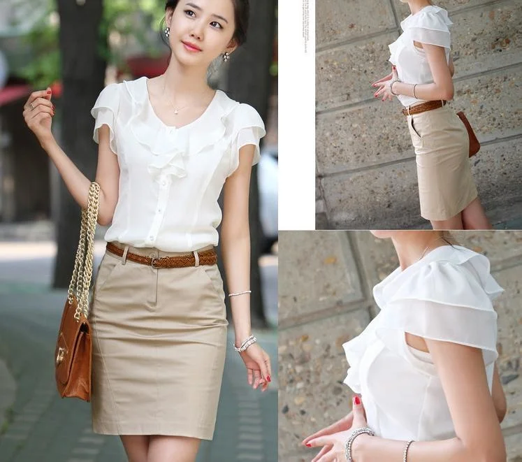 

5XL New Summer Women Fashion Short Sleeve Ruffles Chiffon Solid White Tops Blusas Casual Summer Blouses Shirt