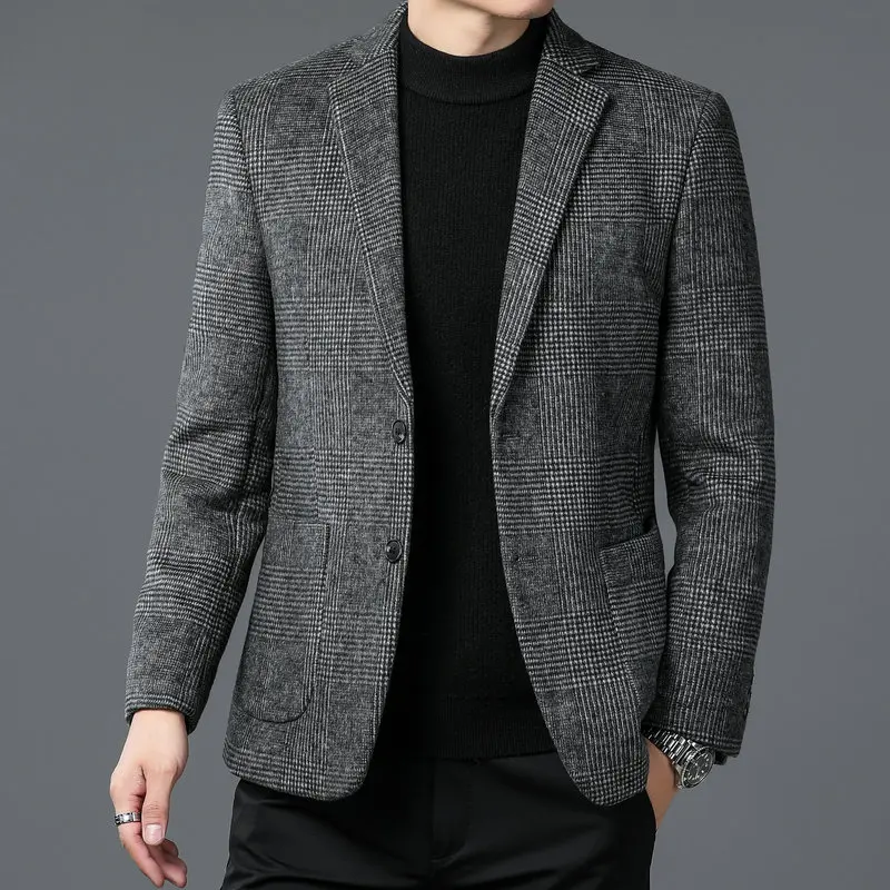 

England Style Men Clssical Checked Pattern Cashmere Wool Blazers Gray Khaki Plaid Sheep Wool Jacket Suit Male Outfits 2023 Wear