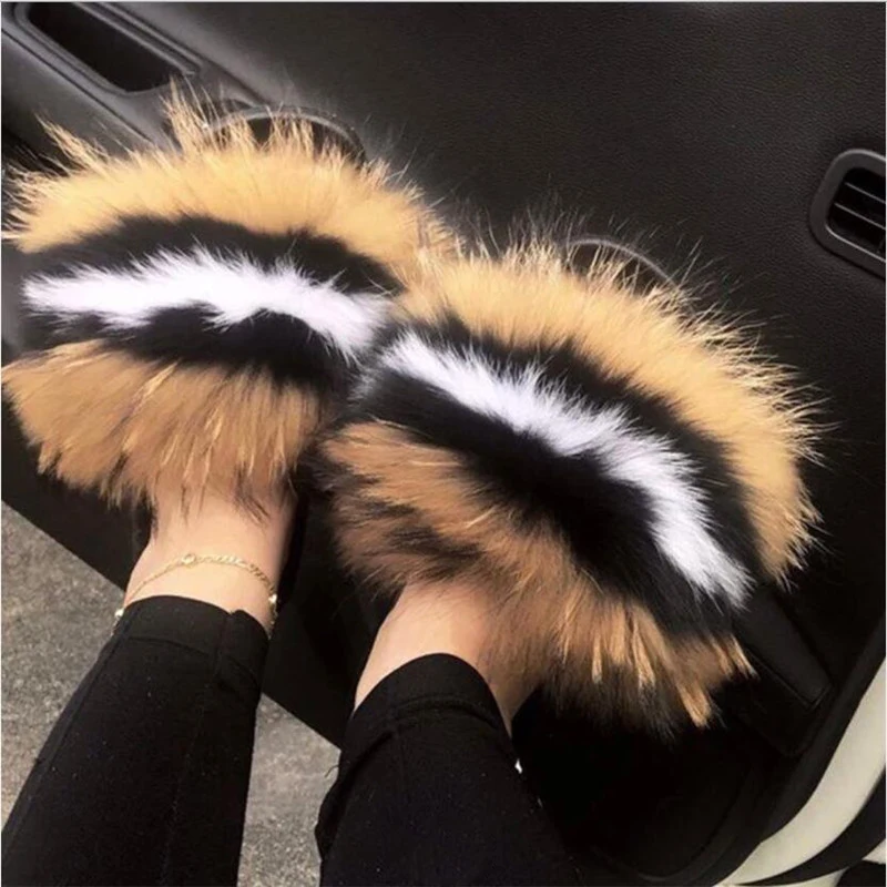 Women Extra Plush Fur Slides Mixed Color Fuzzy Fur Sandals Lovely Girl's Summer Beach Flip Flops Designer Furry Slippers Shoes images - 6