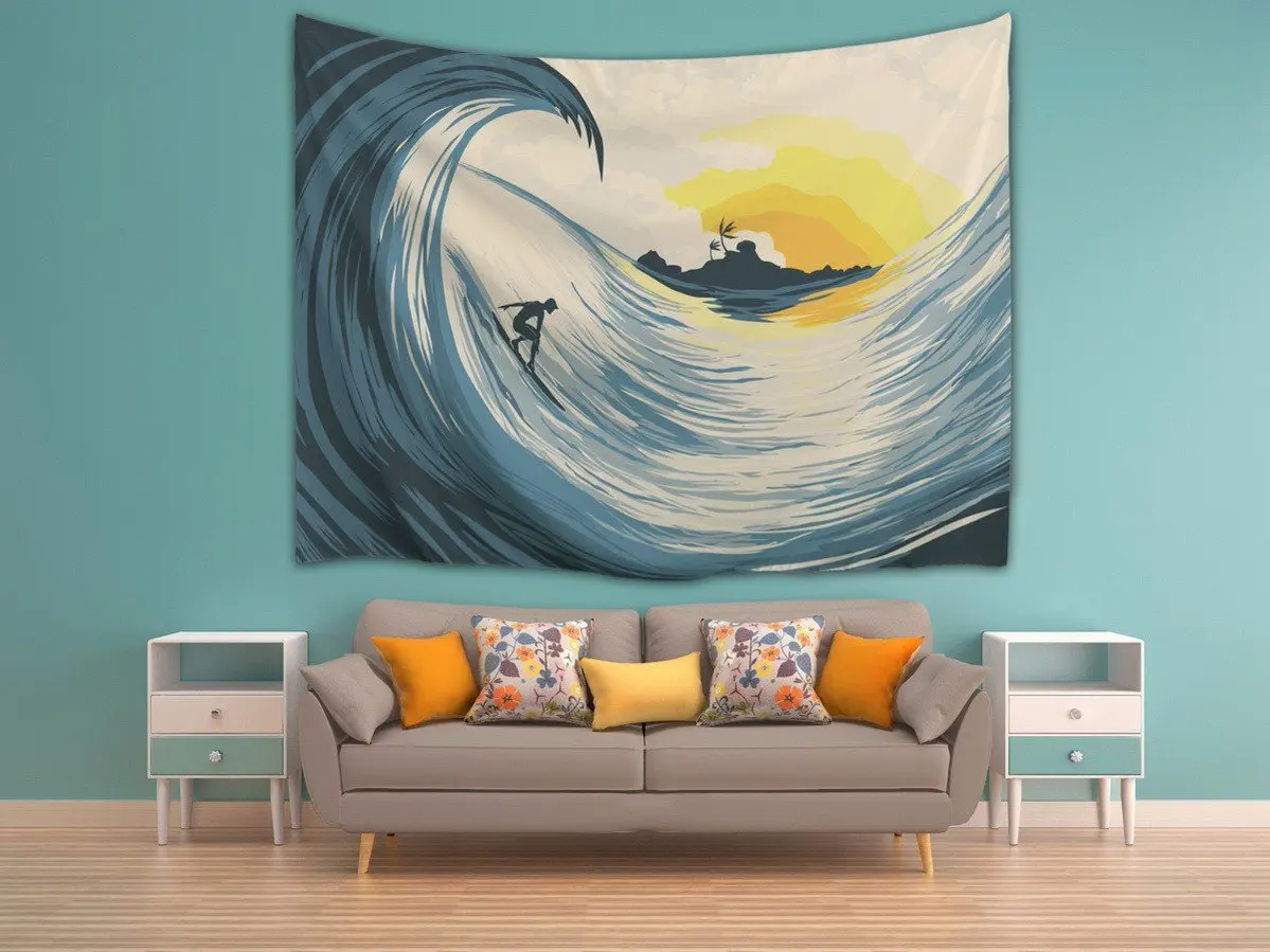

Tapestries Tropical Island Sunset Big Ocean Waves Surfers On Surfboard Anime Print Fabric Tapestry Wall Hangings Art Decoration
