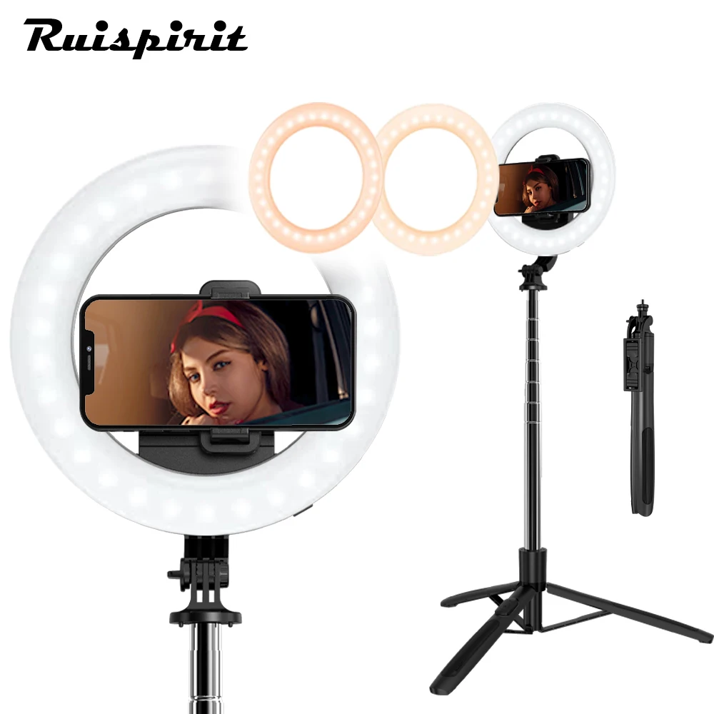 

Selfie Ring Light Extendable Tripod Stand Phone Holder Portable Unplugged Dimmable LED Ringlight for Live Stream Makeup Tiktok