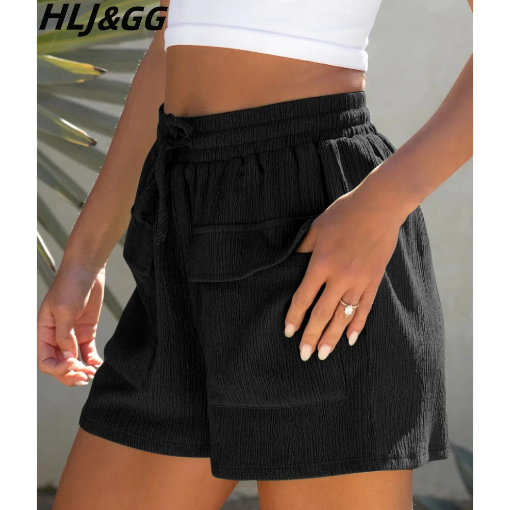 HLJ&GG Casual Sporty Shorts Women High Waisted Drawstring Loose Shorts Summer Solid Color with Pocket Bottoms Female Streetwear