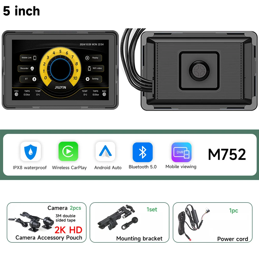 

5-дюймовый мотоциклетный GPS-навигатор, беспроводной CarPlay Android Auto, мультимедийный плеер, 2K HD-рекордер, IP67, водонепроницаемый экран, Bluetooth