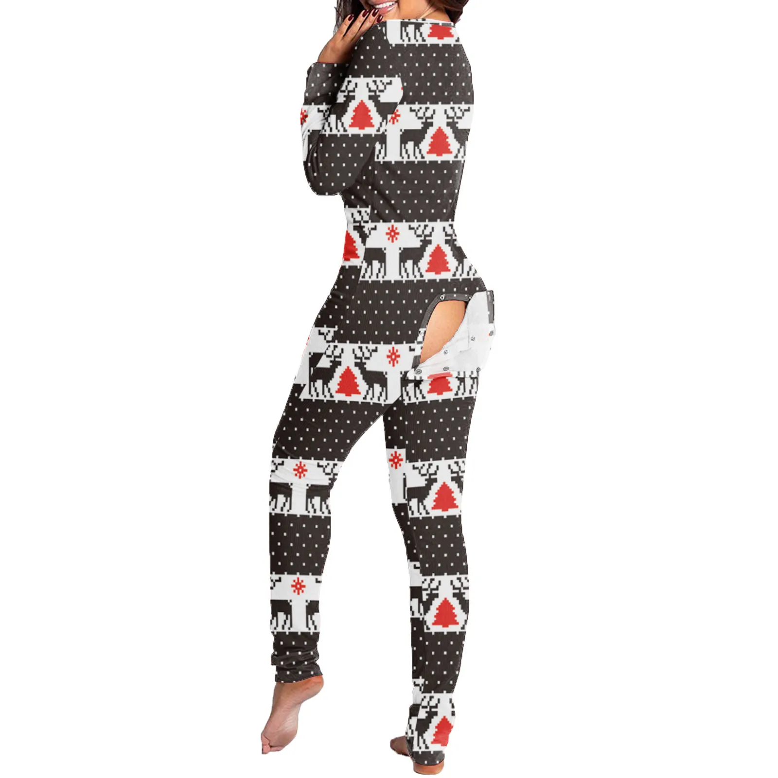 Jumpsuits For Women 2022 Christmas Onesies Sexy Butt Button Back Flap Jumpsuit V Neck Long Sleeve Romper Santa Pajamas Female