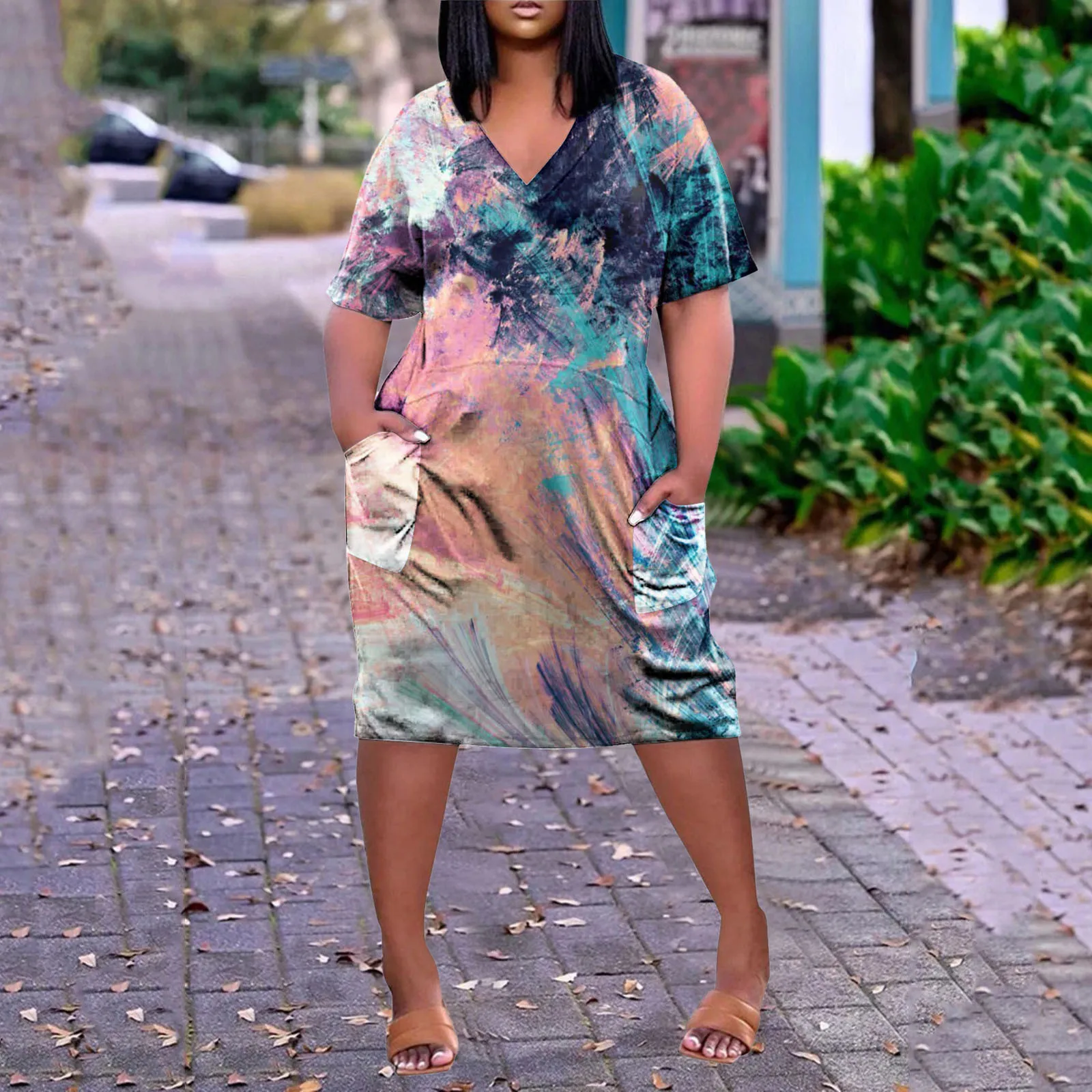 

Women Casual V Neck Dresses Short Sleeve Knee Printed A Line Swing Midi Sweater for Sleeveless Dress Athletic Dress