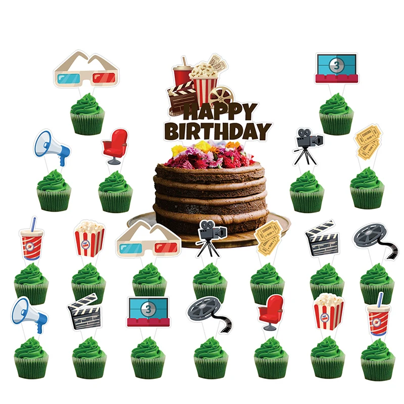 JOYMEMO Movie Night Theme Birthday Party Cake Decoration Happy Birthday Cake Cupcake Toppers Cinema Time Birthday Party Supplies