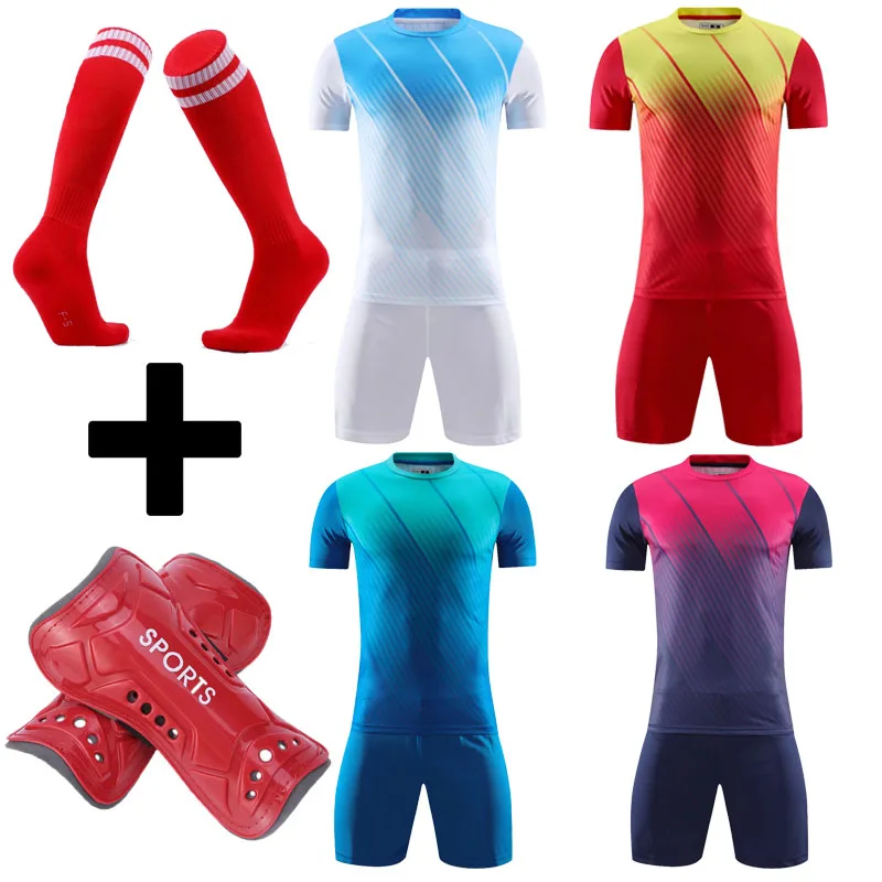 

Football Shin Pads and socks free Men and Kids Football Jersey Set Children Men Soccer Jersey Set custom Training Uniform Suit