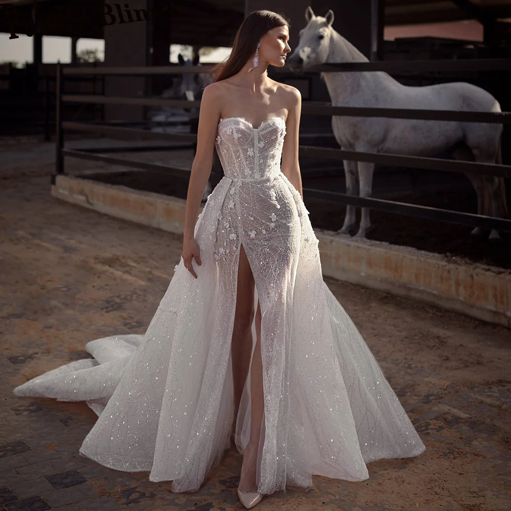 

Paloda Modern Detachable Royal Train Wedding Dresses For Bride Sweetheart Lace Slit Appliques Zipper Sleeveless Robe De Mariée