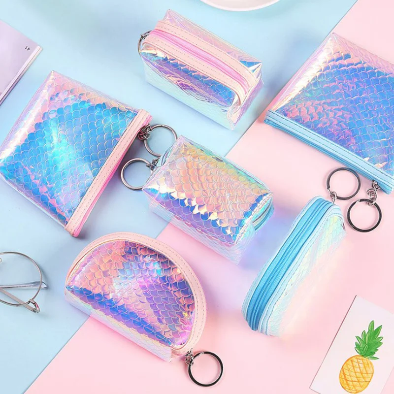 

Laser PVC Coin Purse Women Transparent Shell Fish Scales Card Key Holder Storage Bag Girls Clear Small Pouch Hand Purses