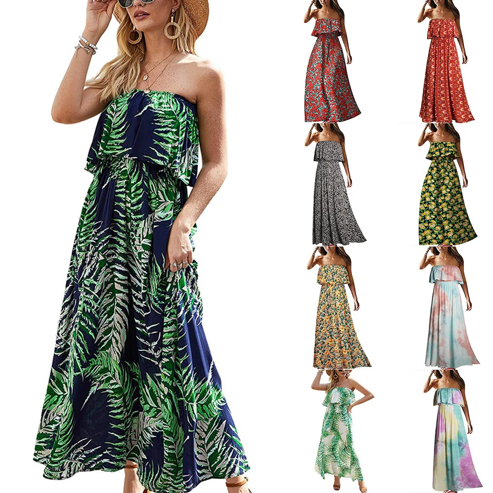 

2022 Spring And Summer New Women's Dress Printed Sleeveless Strapless Holiday Beach Dress