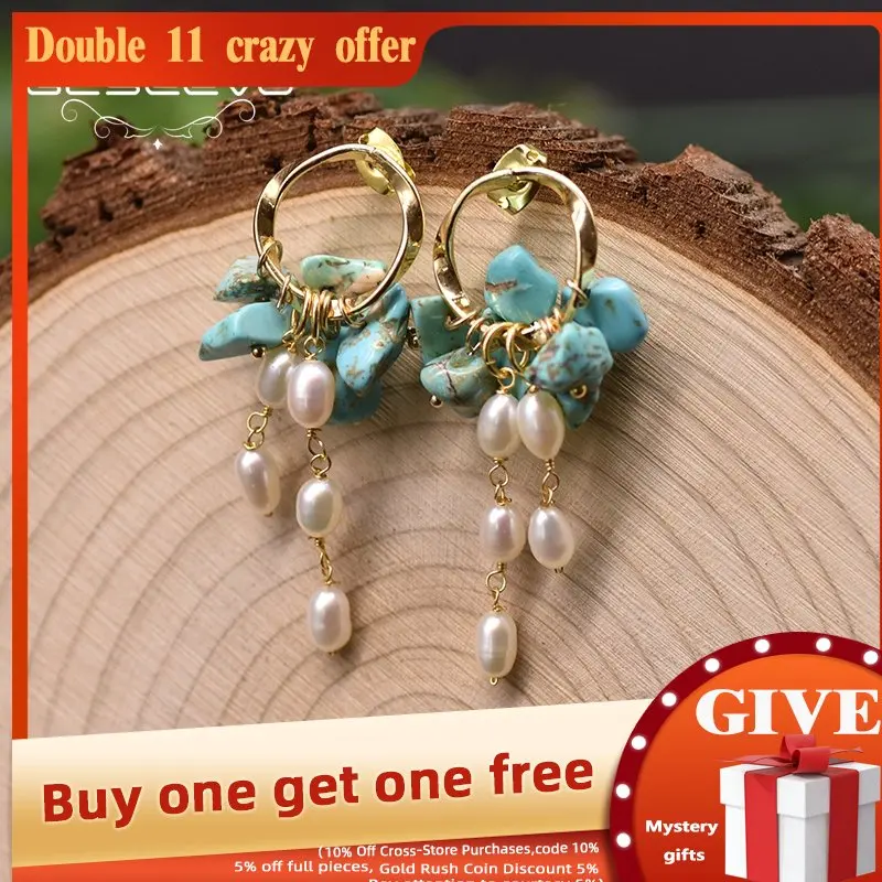 

GLSEEVO Original Natural Freshwater Pearl Earrings Turquoise Drop Earring Ear Pin 925 Sterling Silver Fine Jewelry GE0991B